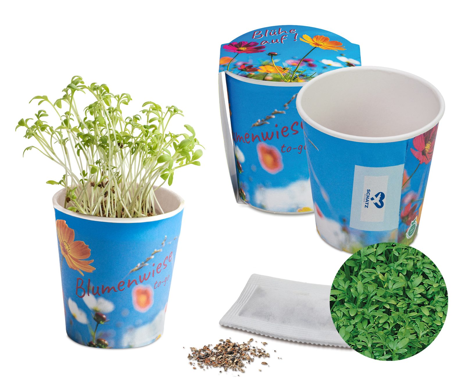 Blumenwiese To-Go, Gartenkresse - neutral mit 1-c Logoeindruck