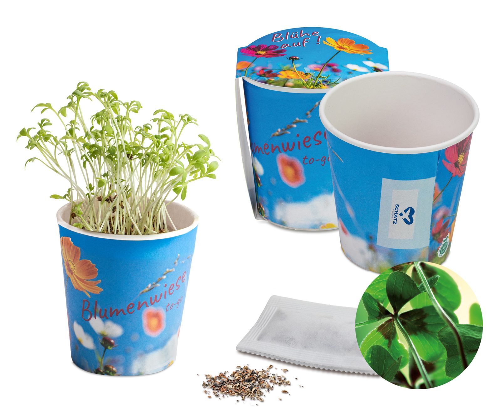 Blumenwiese To-Go, Glücksklee-Zwiebel(* Je nach Verfügbarkeit der Glücksklee-Zwiebeln) - neutral mit 1-c Logoeindruck