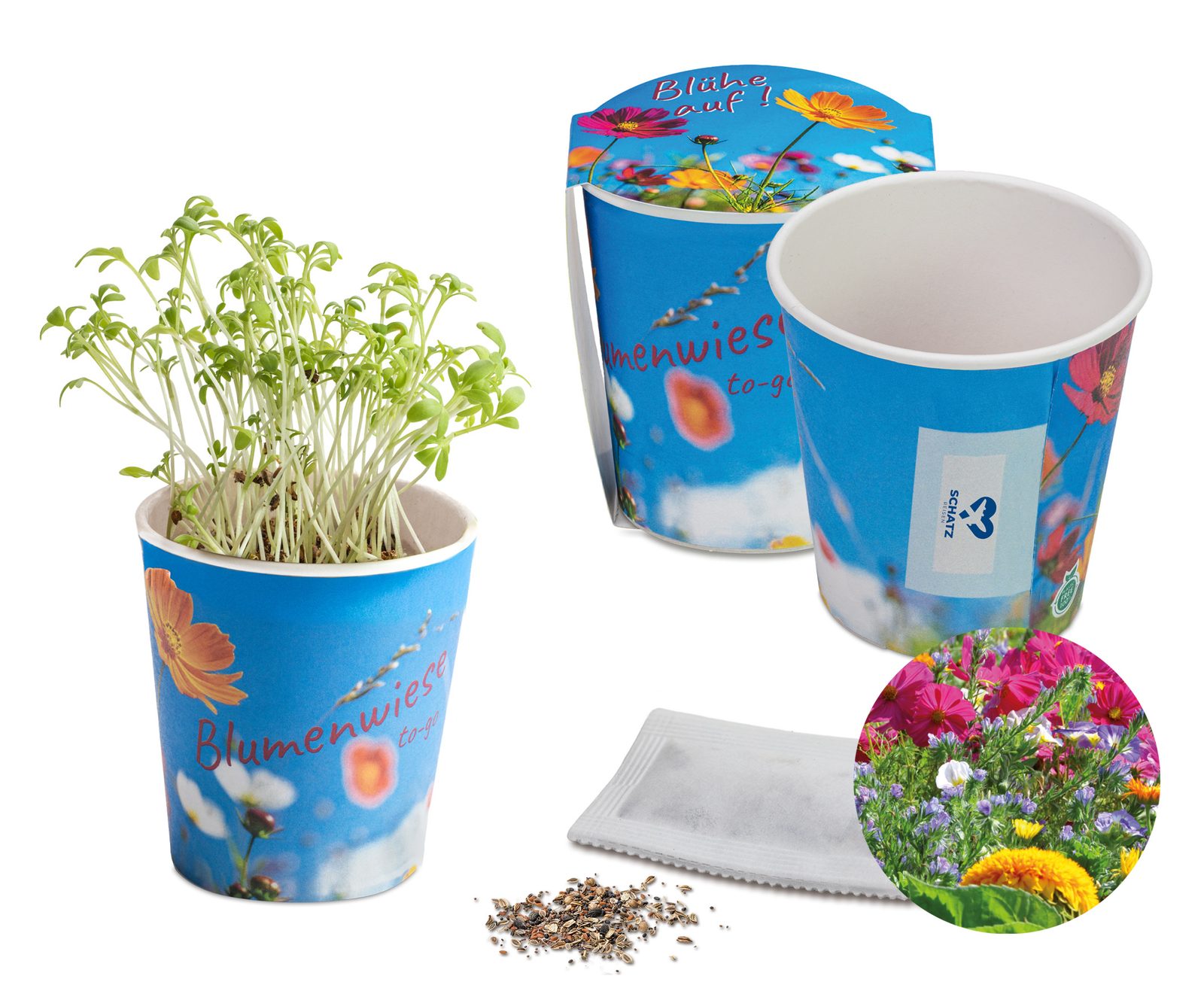 Blumenwiese To-Go, Sommerblumenmischung - neutral mit 1-c Logoeindruck