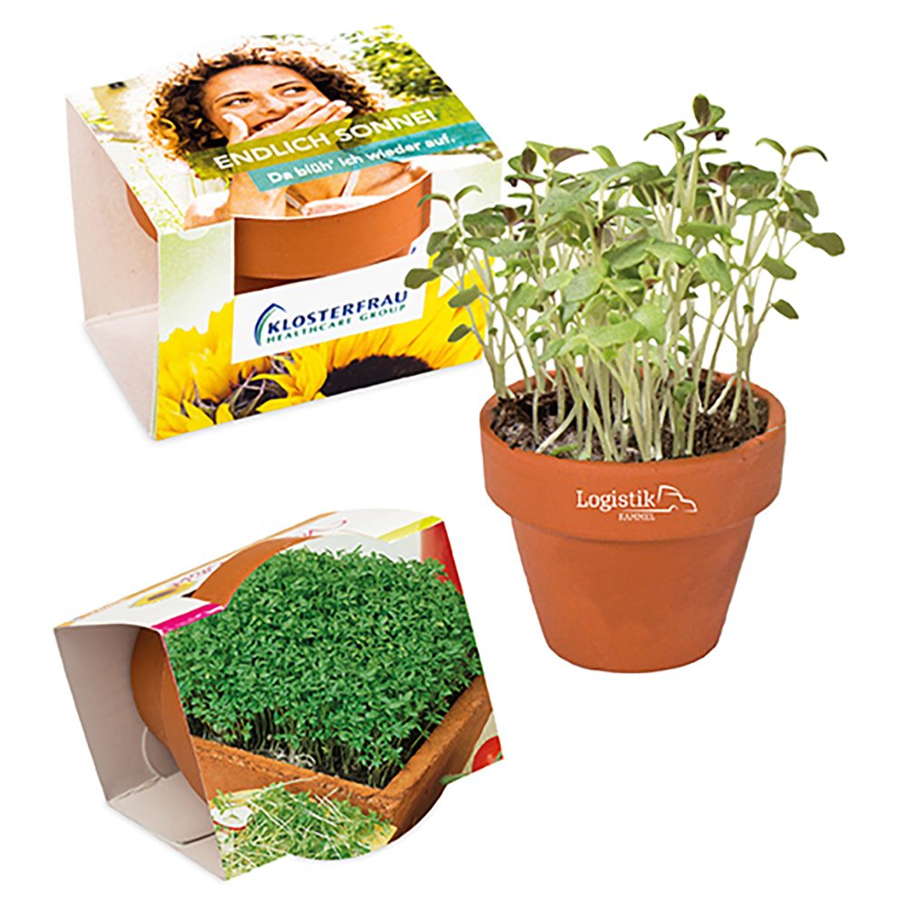 Logo-Töpfchen Komplettbanderole mit Samen, Gartenkresse