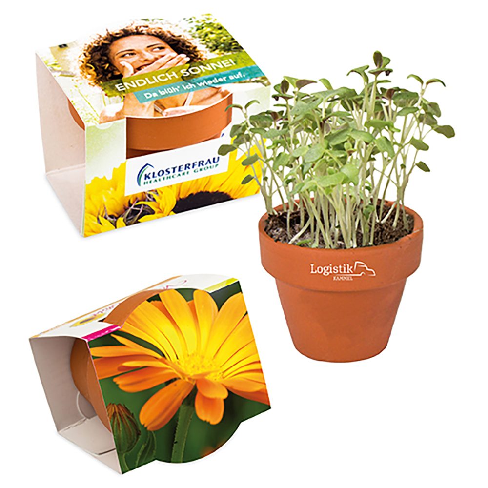 Logo-Töpfchen Komplettbanderole mit Samen, Ringelblume