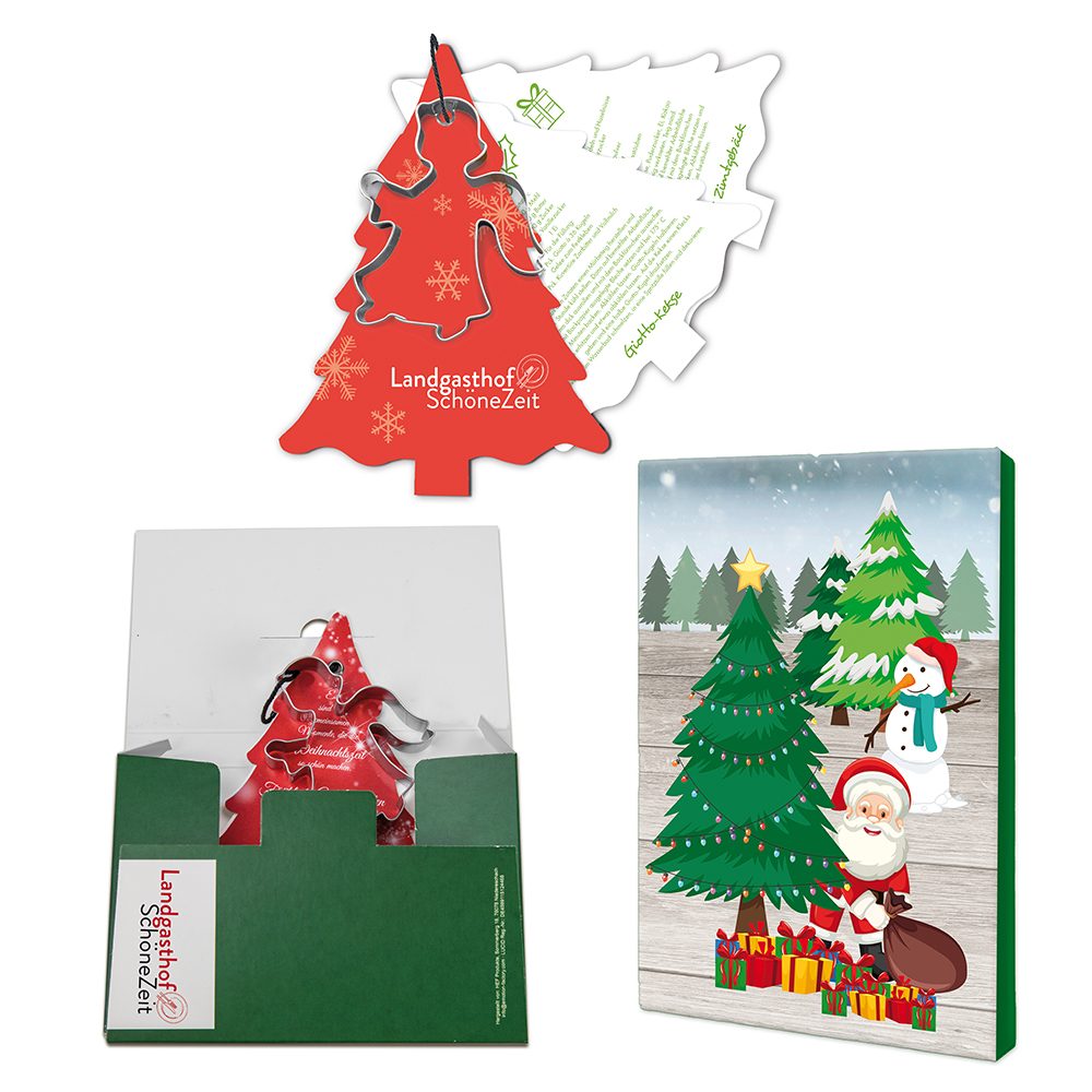 Backförmchen mit Rezeptblock Tannenbaum, Engel - in weihnachtlicher Mappe (mit 2c-Logoeindruck)