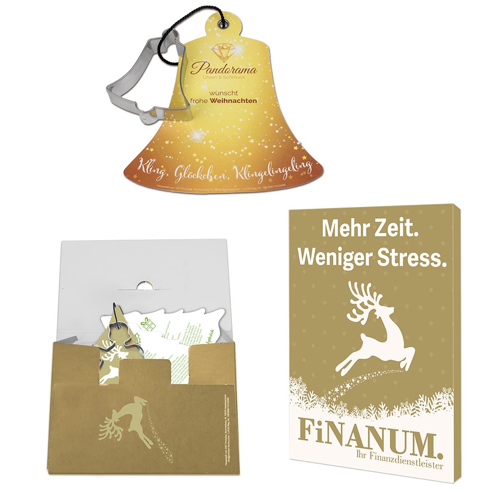Backförmchen mit Rezeptblock Glocke, in weihnachtlicher Mappe (individuell 4-c) (ab 500 Stk.)
