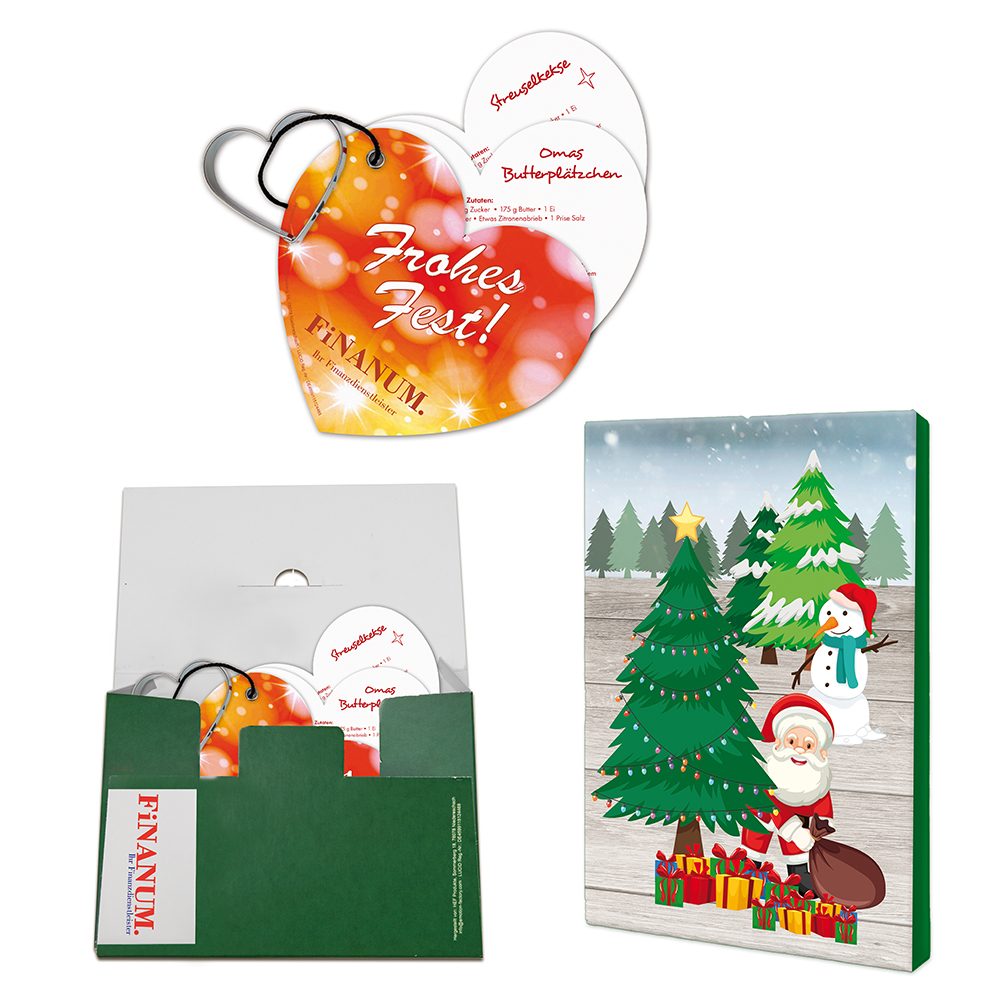 Backförmchen mit Rezeptblock Weihnachtsherz, in weihnachtlicher Mappe (mit 2c-Logoeindruck)