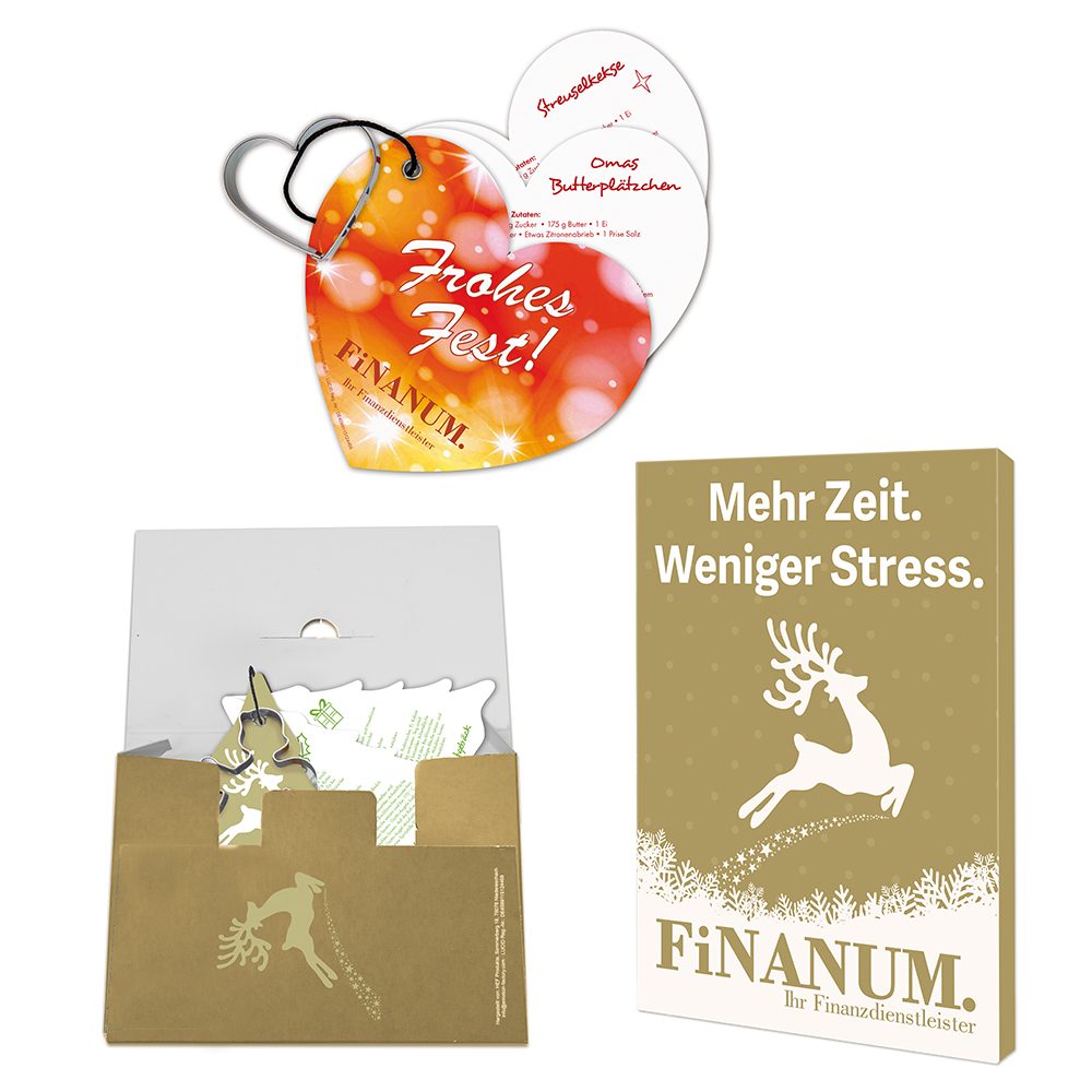 Backförmchen mit Rezeptblock Weihnachtsherz, in weihnachtlicher Mappe (individuell 4-c) (ab 500 Stk.)