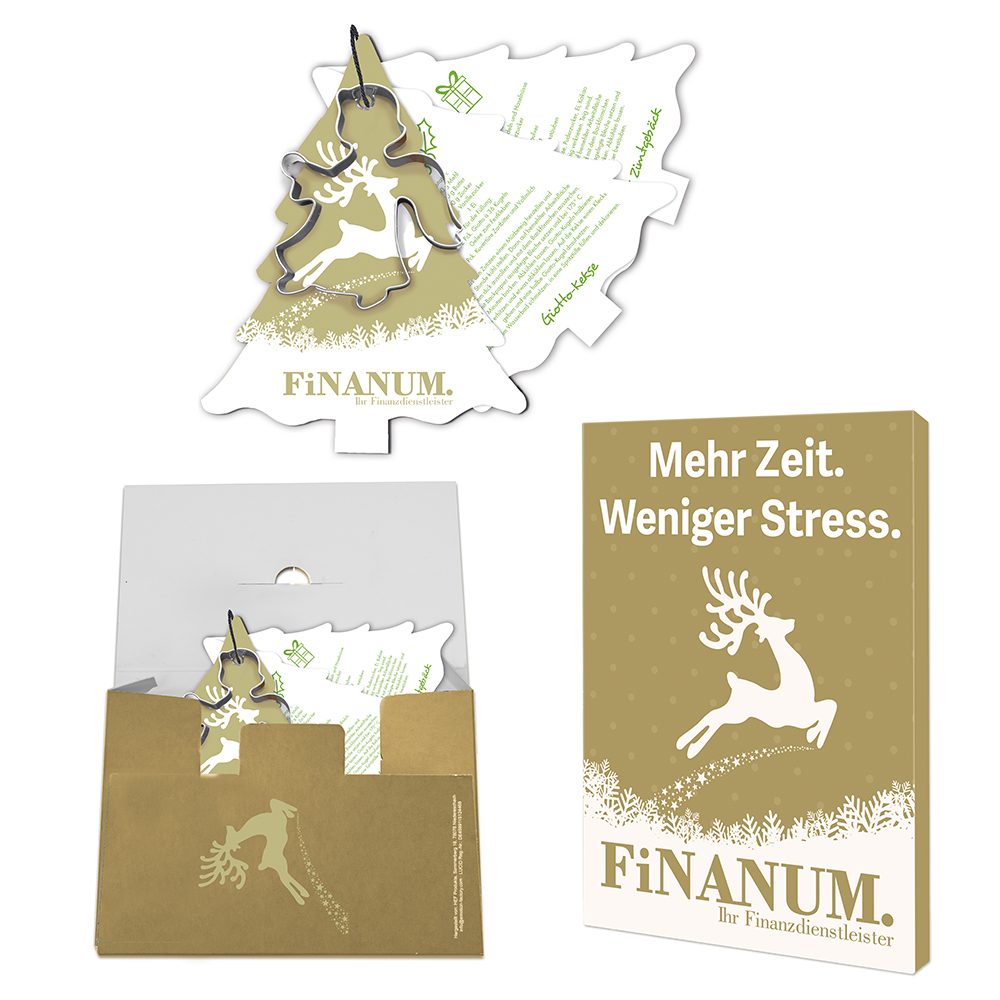 Backförmchen mit Rezeptblock Tannenbaum, Engel - in weihnachtlicher Mappe (individuell 4-c) (ab 500 Stk.)