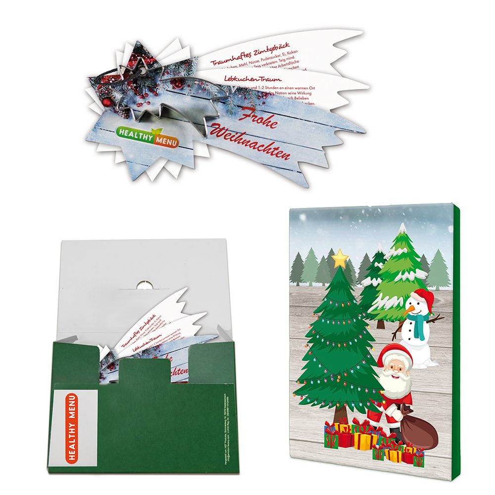 Backförmchen mit Rezeptblock Komet, in weihnachtlicher Mappe (mit 1c-Logoeindruck)