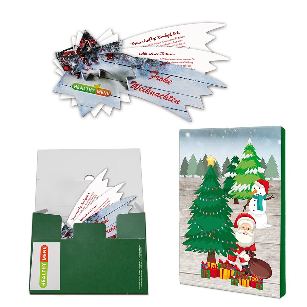 Backförmchen mit Rezeptblock Komet, in weihnachtlicher Mappe (mit 2c-Logoeindruck)