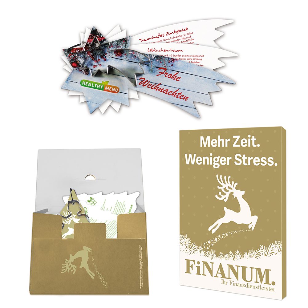 Backförmchen mit Rezeptblock Komet, in weihnachtlicher Mappe (individuell 4-c) (ab 500 Stk.)