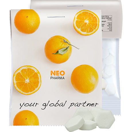 Traubenzucker Orange Drops, ca. 15g, Express Midi-Tüte mit Werbereiter, myfitmix