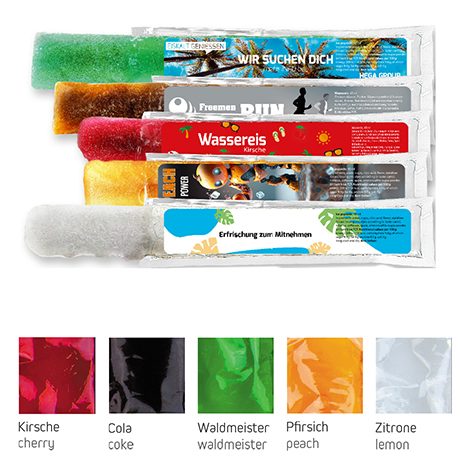 Wassereis im 5er Sortenmix (Kirsche, Waldmeister, Cola, Zitrone, Pfirsich), 40 ml, Express Schlauchtüte mit Etikett, myfitmix