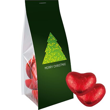 Schoko-Herzen, ca. 36g, Express Blockbodenbeutel mit Werbereiter, myfitmix