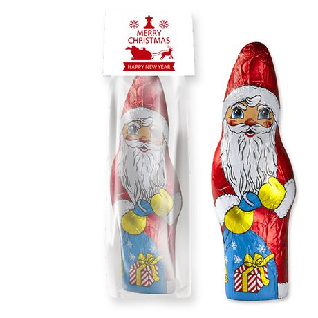 Schoko Weihnachtsmann, ca. 75g, Blockbodenbeutel mit Werbereiter, myfitmix