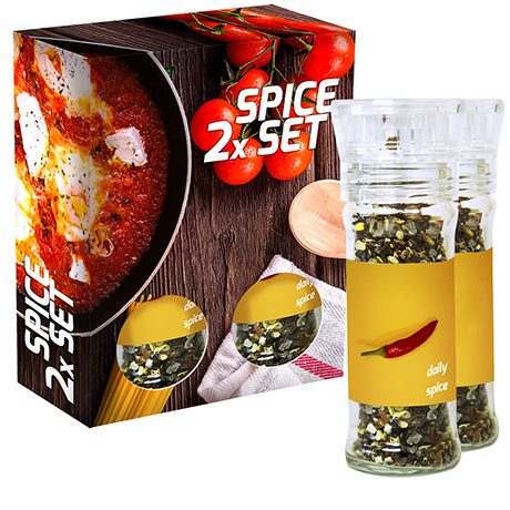 verschiedene Gewürzmischungen (Kategorie 1), 70-160g, 2er Set Glas mit Kunststoffmahlwerk in Faltschachtel, myfitmix