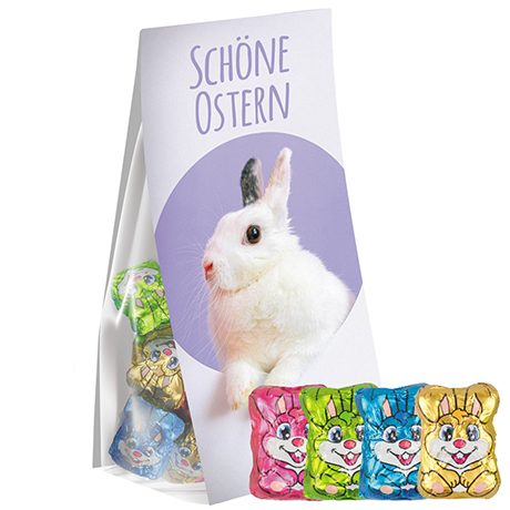 Schoko-Hasen Mix, ca. 36g, Express Blockbodenbeutel mit Werbereiter, myfitmix