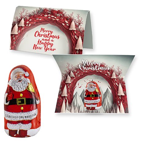 Lübecker Marzipan Weihnachtsmänner, ca. 12g, Weihnachtswerbekarte gefaltet, myfitmix