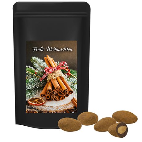 Schokomandeln mit Zimt, ca. 80g, Standbeutel Midi schwarz, myfitmix