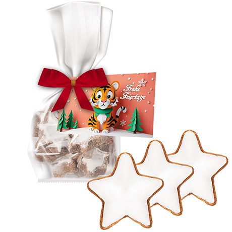 Zimtsterne, ca. 50g, Express Standbeutel Mini mit Schleife mit Werbekarte, myfitmix