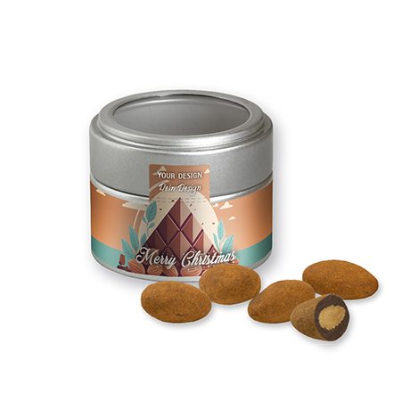 Schokomandeln mit Zimt, ca. 60g, Metalldose Mini mit Sichtfenster silber, myfitmix