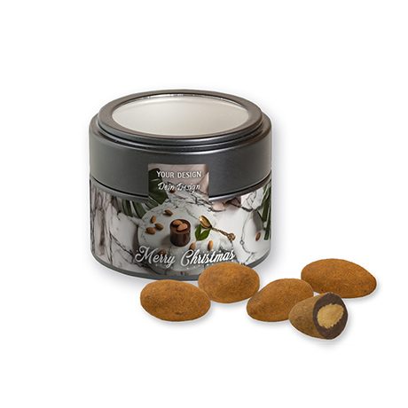 Schokomandeln mit Zimt, ca. 60g, Metalldose Mini mit Sichtfenster schwarz, myfitmix