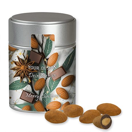 Schokomandeln mit Zimt, ca. 100g, Metalldose Midi silber, myfitmix