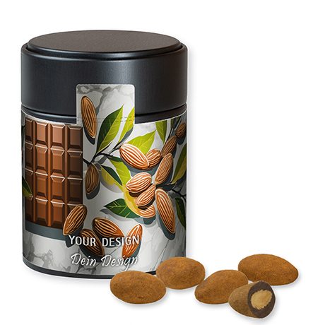 Schokomandeln mit Zimt, ca. 100g, Metalldose Midi schwarz, myfitmix