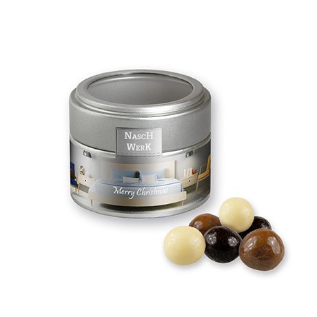 Knusperkugeln-Mix, ca. 45g, Metalldose Mini mit Sichtfenster silber, myfitmix