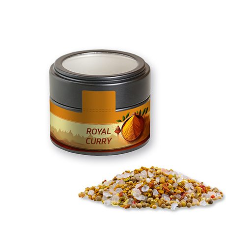 Royal Curry, ca. 75g, Metalldose Mini mit Sichtfenster schwarz, myfitmix