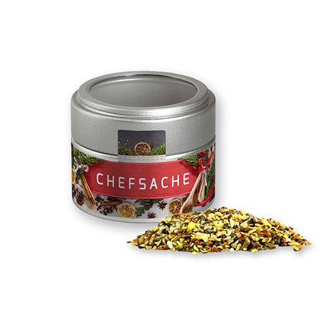 Weihnachts Gewürzmischung Chefsache, ca. 50g, Metalldose Mini mit Sichtfenster silber, myfitmix