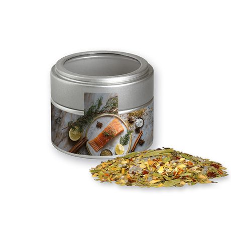 Weihnachts Gewürzmischung Fisch, ca. 55g, Metalldose Mini mit Sichtfenster silber, myfitmix