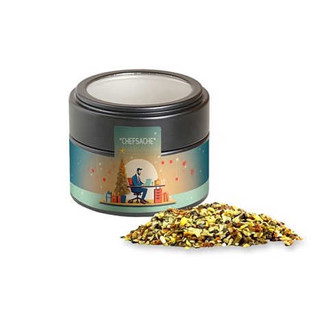 Weihnachts Gewürzmischung Chefsache, ca. 50g, Metalldose Mini mit Sichtfenster schwarz, myfitmix