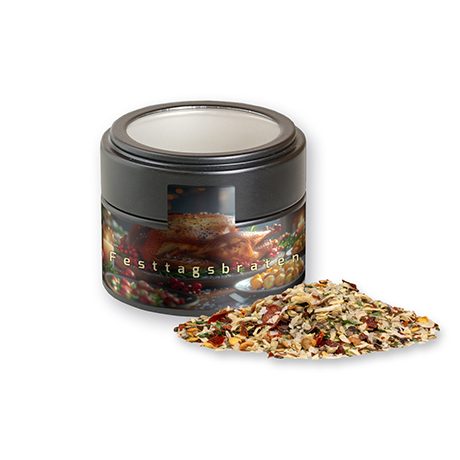 Weihnachts Gewürzmischung Braten, ca. 50g, Metalldose Mini mit Sichtfenster schwarz, myfitmix