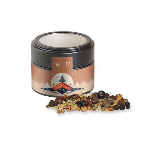 Weihnachts Gewürzmischung Wild, ca. 50g, Metalldose Mini mit Sichtfenster schwarz, myfitmix
