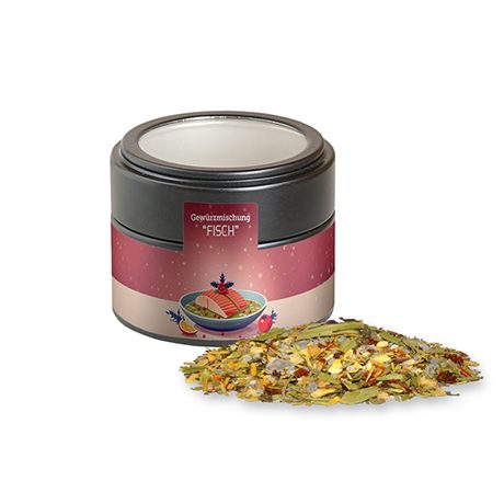 Weihnachts Gewürzmischung Fisch, ca. 55g, Metalldose Mini mit Sichtfenster schwarz, myfitmix
