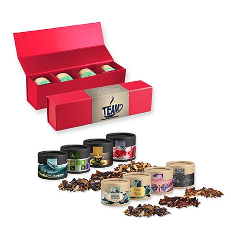 Verschiedene Weihnachts Teesorten, ca. 80-120g, Geschenk-Set Premium rot mit Magnetverschluss und 4 Kraftpapierdosen Mini, myfitmix