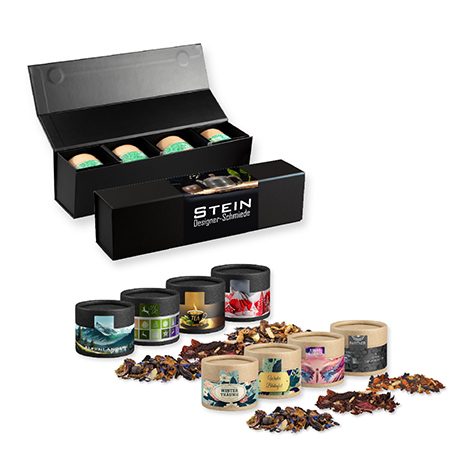 Verschiedene Weihnachts Teesorten, ca. 80-120g, Geschenk-Set Premium schwarz mit Magnetverschluss und 4 Kraftpapierdosen Mini, myfitmix