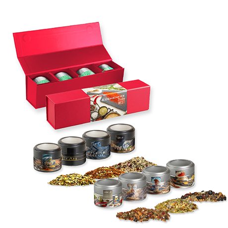 Verschiedene Weihnachts Gewürzmischungen, ca. 120-140g, Geschenk-Set Premium rot mit Magnetverschluss und 4 Metalldosen Mini mit Sichtfenster, myfitmix