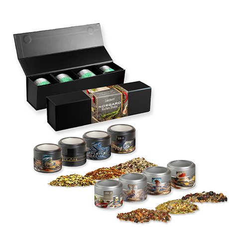 Verschiedene Weihnachts Gewürzmischungen, ca. 120-140g, Geschenk-Set Premium schwarz mit Magnetverschluss und 4 Metalldosen Mini mit Sichtfenster, myfitmix