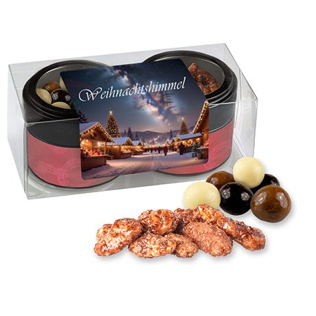Knusper Weihnachtsset mit feuergebrannten Mandeln und Knusperkugeln im MIx, ca. 105g, Metalldose Mini mit Sichtfenster im 2er Set, myfitmix