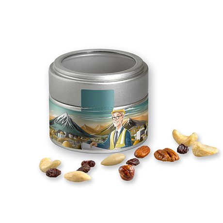 Studentenfutter, ca. 60g, Metalldose Mini mit Sichtfenster silber, myfitmix