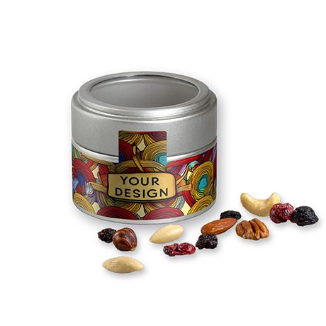 Premium Studentenfutter, ca. 60g, Metalldose Mini mit Sichtfenster silber, myfitmix