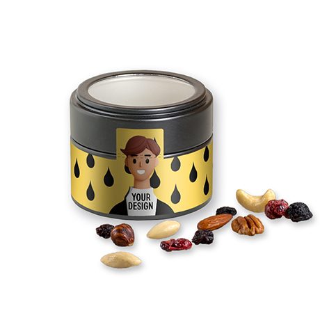 Premium Studentenfutter, ca. 60g, Metalldose Mini mit Sichtfenster schwarz, myfitmix