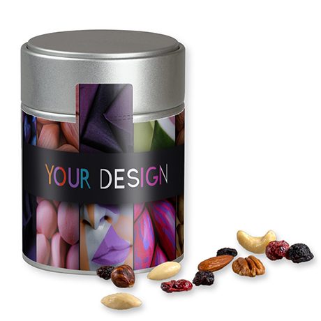 Premium Studentenfutter, ca. 100g, Metalldose Midi silber, myfitmix