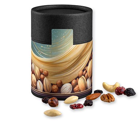 Premium Studentenfutter, ca. 80g, Kraftpapierdose Midi schwarz, myfitmix