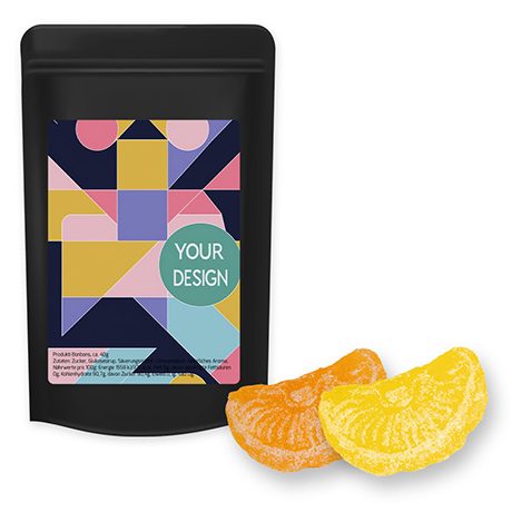 Zitrone und Orangen Bonbons, ca. 80g, Standbeutel Midi schwarz, myfitmix