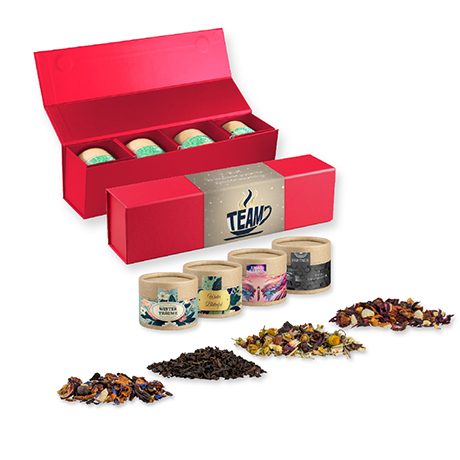 Verschiedene Teesorten, ca. 60-140g, Geschenk-Set Premium rot mit Magnetverschluss und 4 Kraftpapierdosen Mini, myfitmix