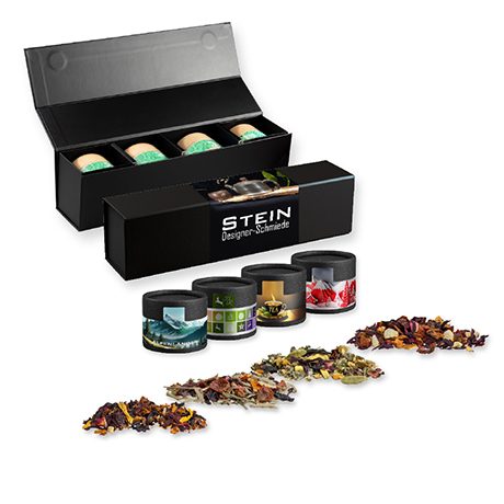 Verschiedene Teesorten, ca. 60-140g, Geschenk-Set Premium schwarz mit Magnetverschluss und 4 Kraftpapierdosen Mini, myfitmix