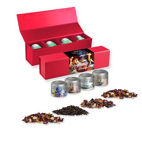 Verschiedene Teesorten, ca. 60-140g, Geschenk-Set Premium rot mit Magnetverschluss und 4 Metalldosen Mini mit Sichtfenster, myfitmix