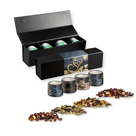 Verschiedene Teesorten, ca. 60-140g, Geschenk-Set Premium schwarz mit Magnetverschluss und 4 Metalldosen Mini mit Sichtfenster, myfitmix