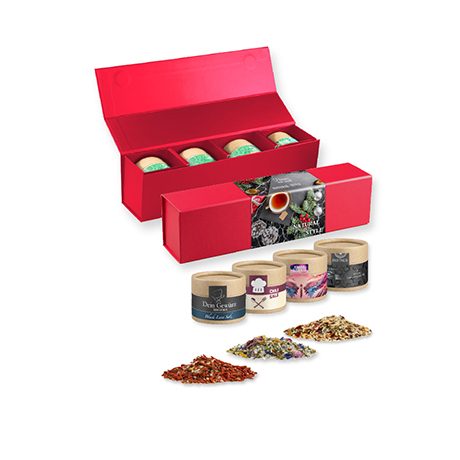 verschiedene Gewürzmischungen (Kategorie 1), ca. 120-300g, Geschenk-Set Premium rot mit Magnetverschluss und 4 Kraftpapierdosen Mini, myfitmix
